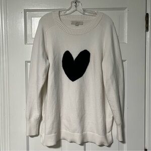 LOFT soft and stretchy classic crewneck White Sweater with Black Heart Design